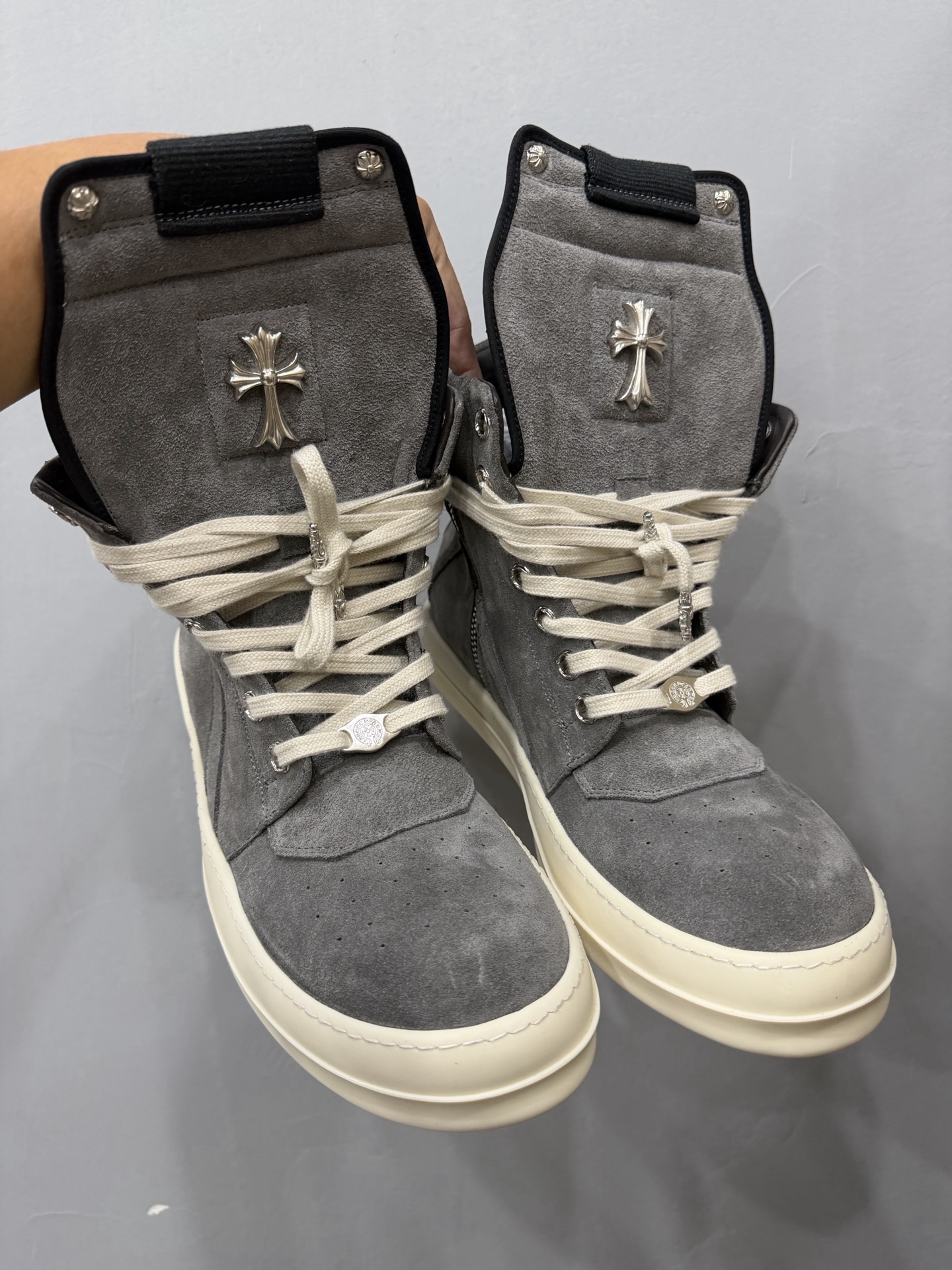 Chrome Hearts x Rick Owens gray suede high-top inverted triangle casual shoes
