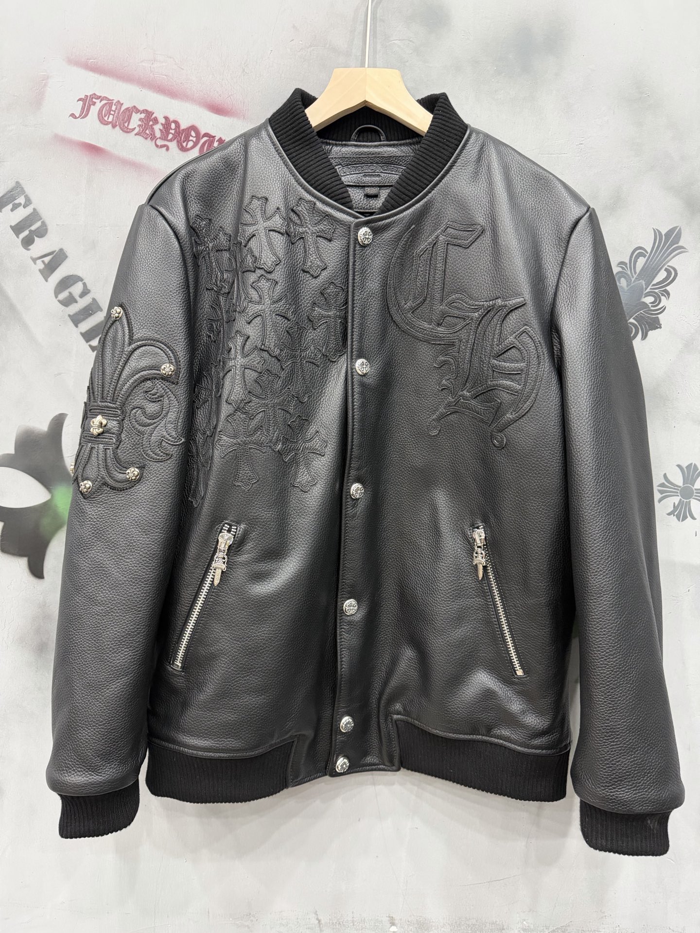 Chrome hearts full-grain natural distressed cowhide quilted heavyweight baseball jacket