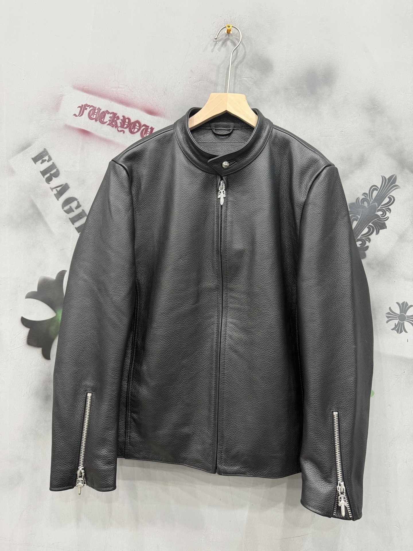 Chrome Hearts classic black top-grain distressed leather zip-up motorcycle jacket
