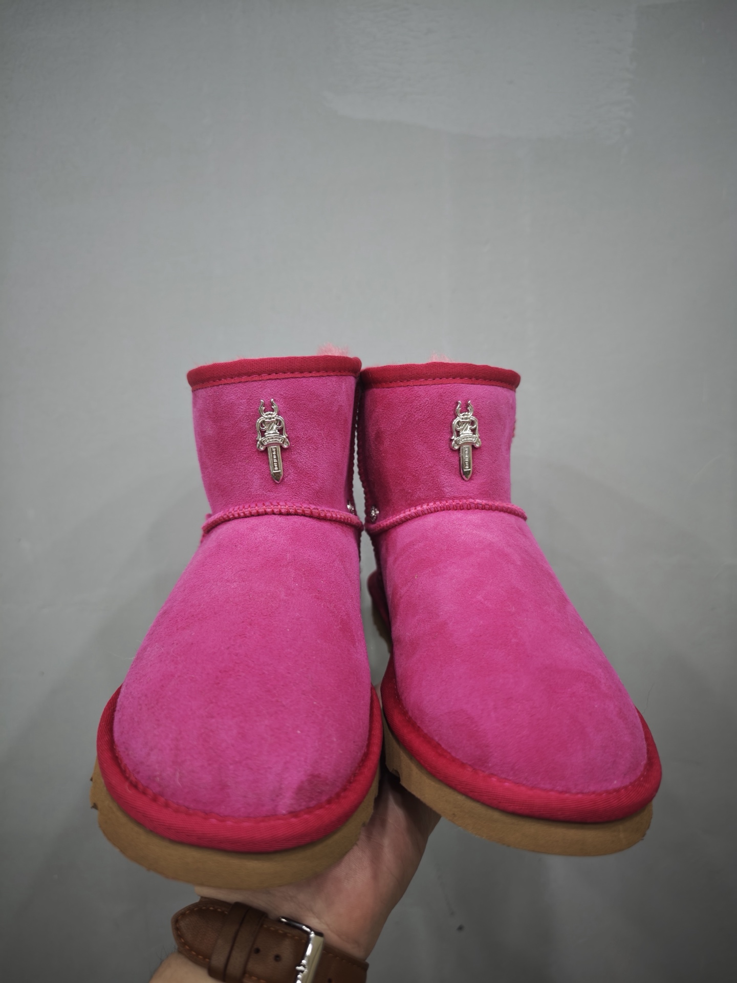 Chrome Hearts x UGG rose pink low-top shearling snow boots