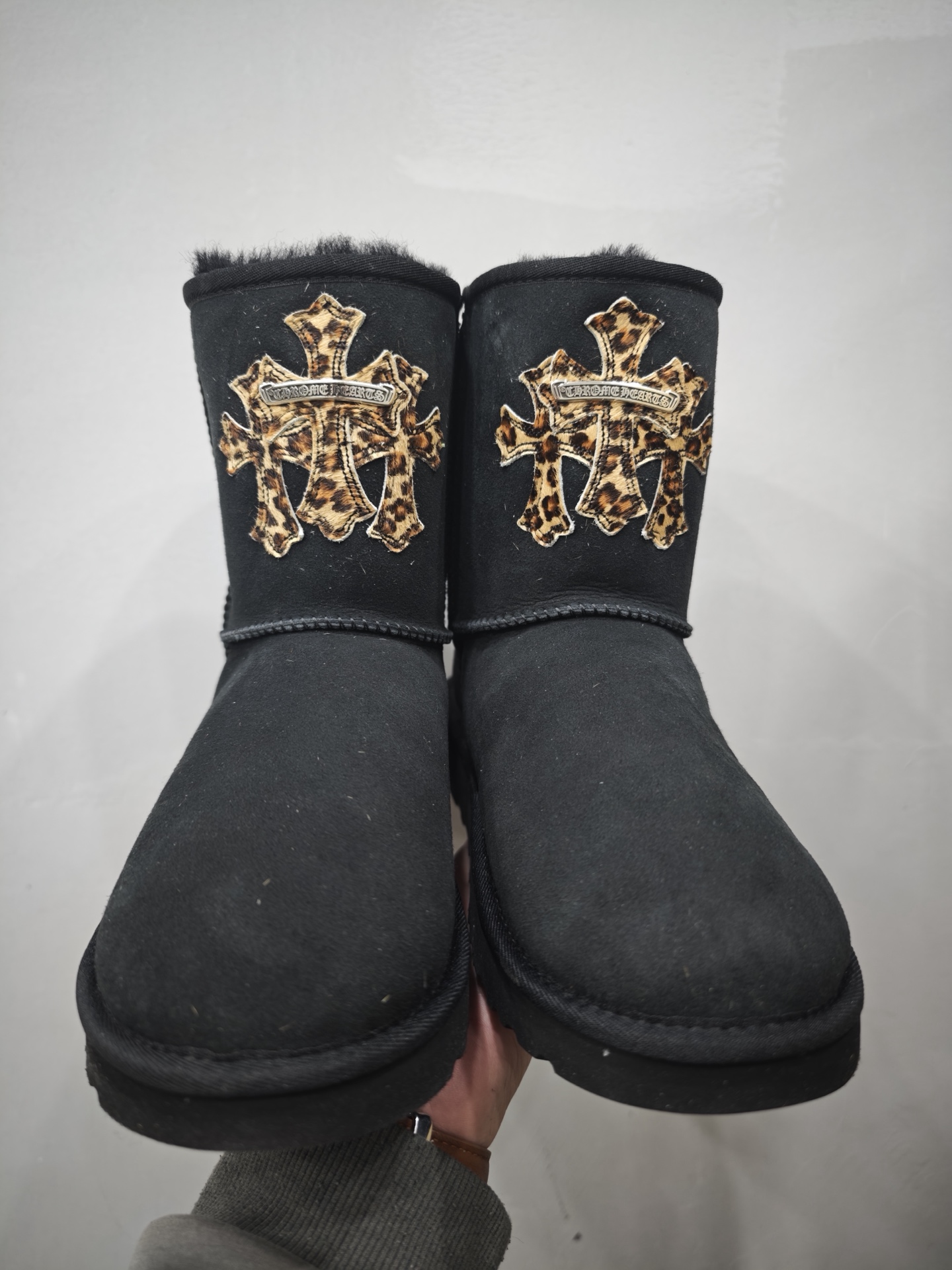 Chrome Hearts x UGG Black Mid-Calf Snow Boots with Leopard-Print Pony Hair Roll and Shearling Lining