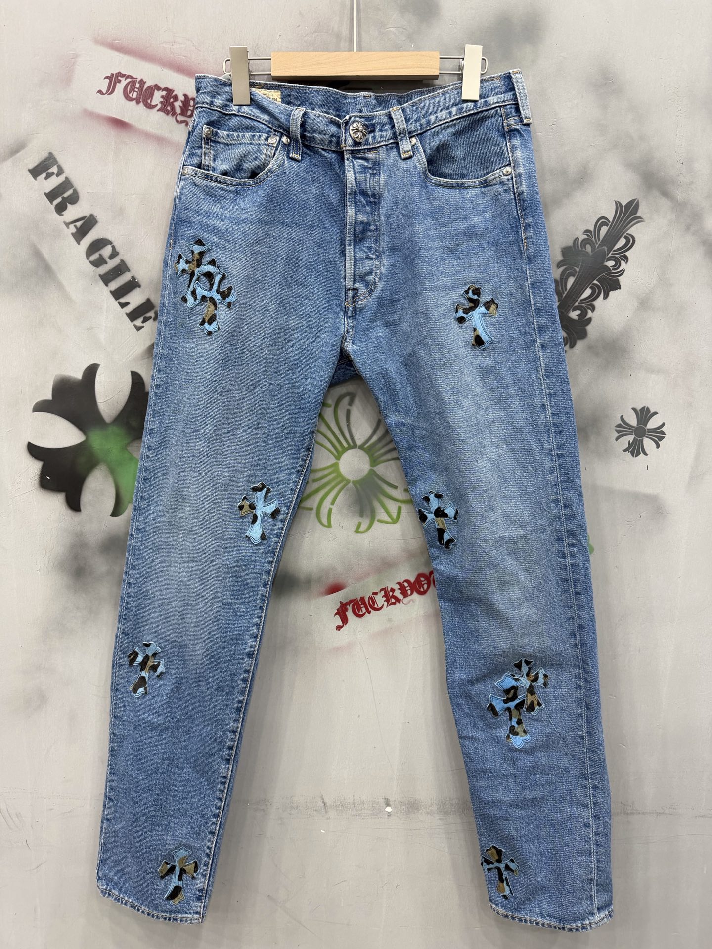 Chrome Hearts x Levi's 501 blue leopard print horsehair patchwork jeans
