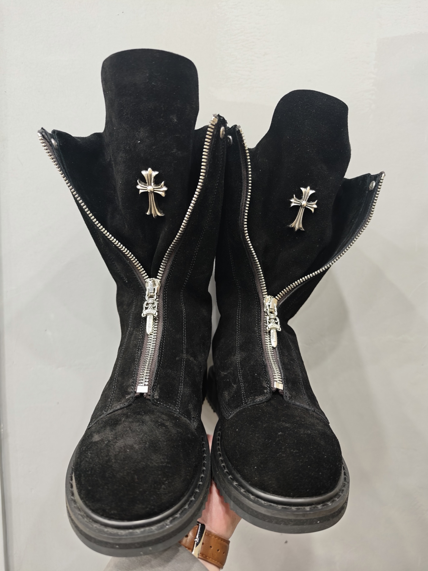Chrome Hearts x Rick Owens black suede high-top boots