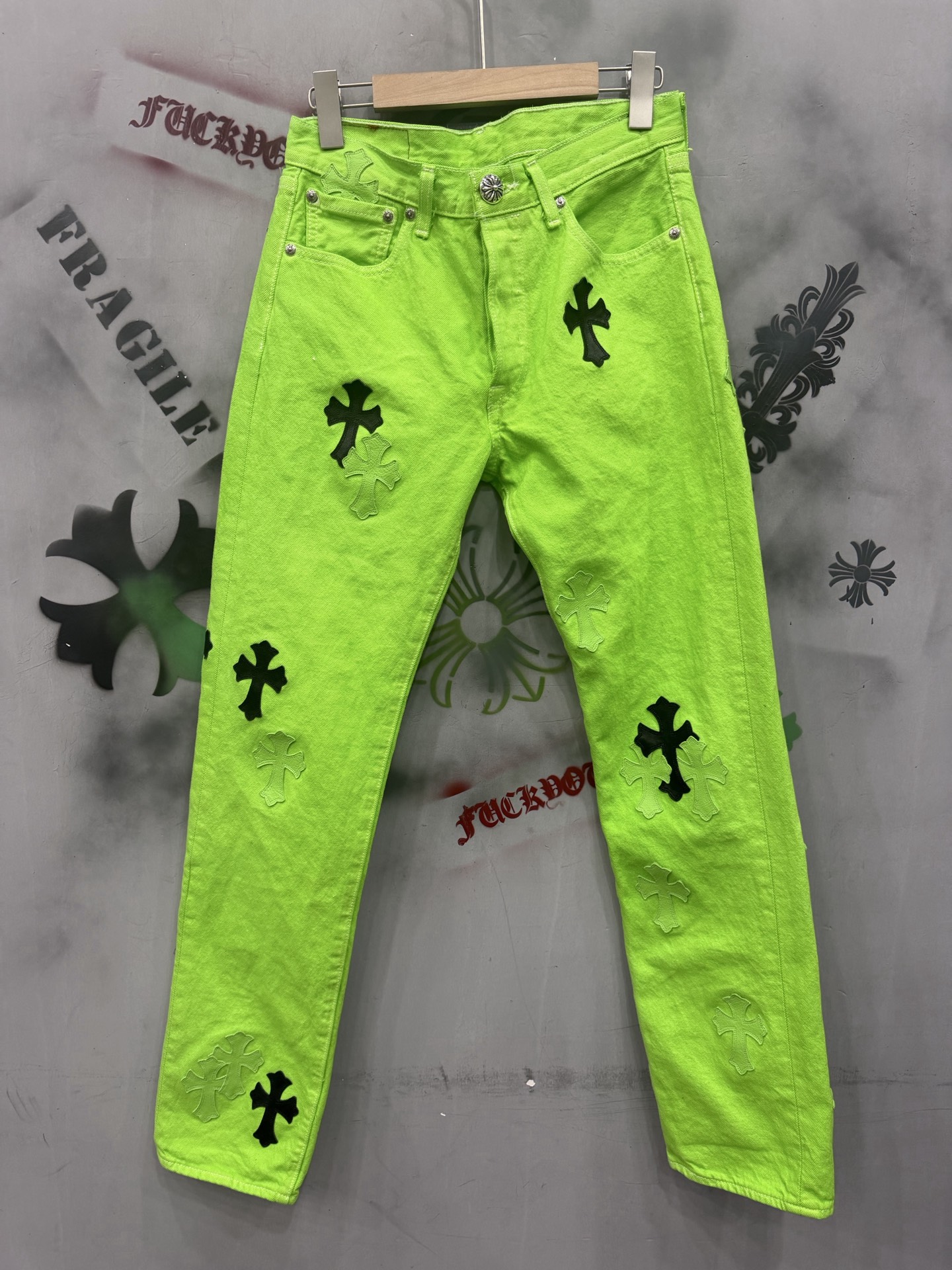 Chrome Hearts x Levi's Vintage 501 custom-dyed green patchwork leather jeans