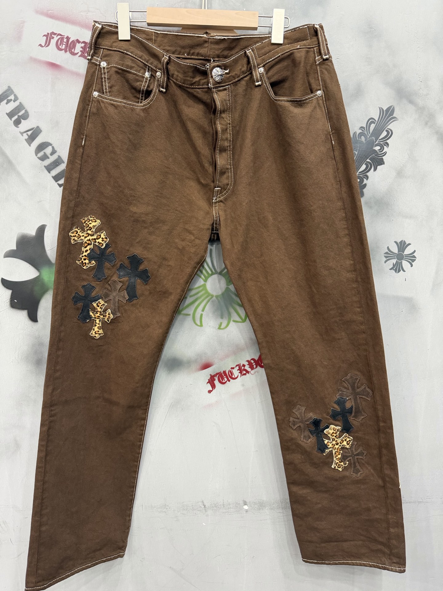 Chrome Hearts x Levi's Vintage 501 custom-dyed brown with leopard print brown suede limited edition jeans