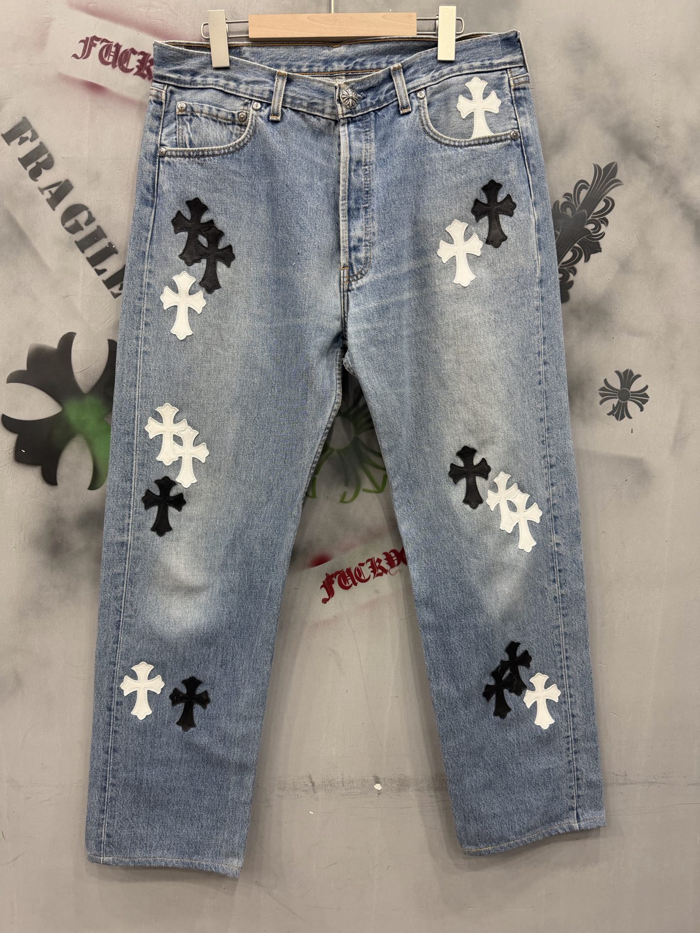 Chrome Hearts x Levi's Vintage 501 Ice Blue Patchwork Black and White Leather Jeans