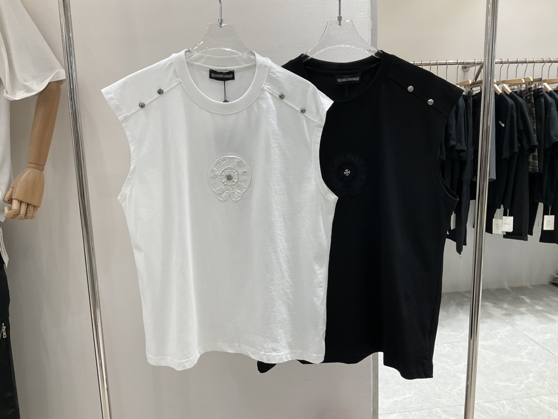 Chrome Hearts Kleding T-Shirt Tank Tops&Camis Zwart Wit Borduurwerk Unisex Katoen Fashion Korte mouw