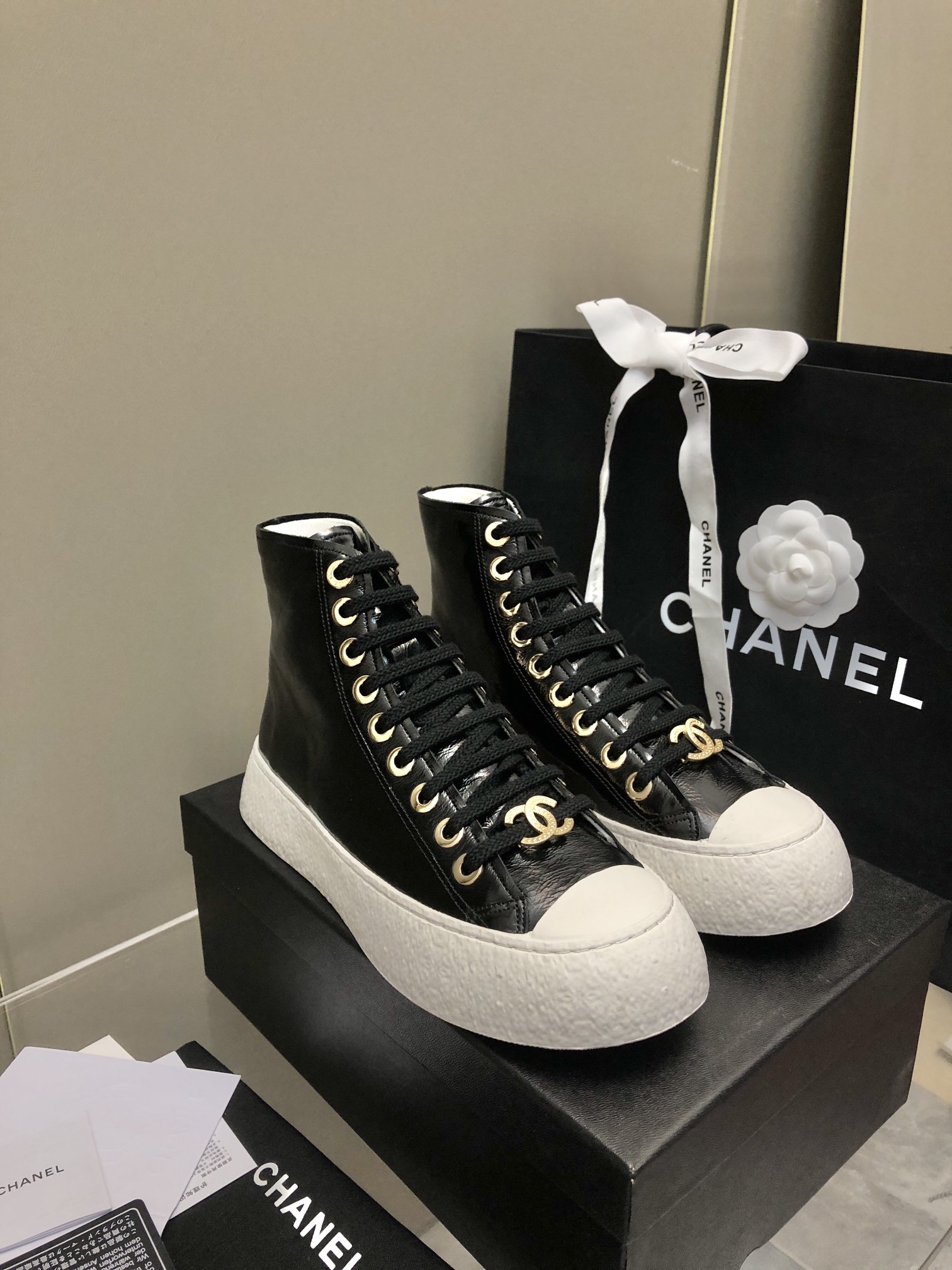 Chanel Casual Shoes Black White Yellow Knitting Patent Leather Rubber Sheepskin TPU High Tops