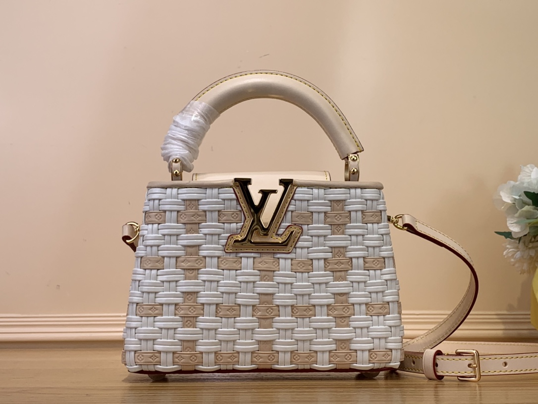 Hot Sale
 Louis Vuitton LV Capucines Online
 Bags Handbags Pink White Weave Canvas Cowhide Mini M23083