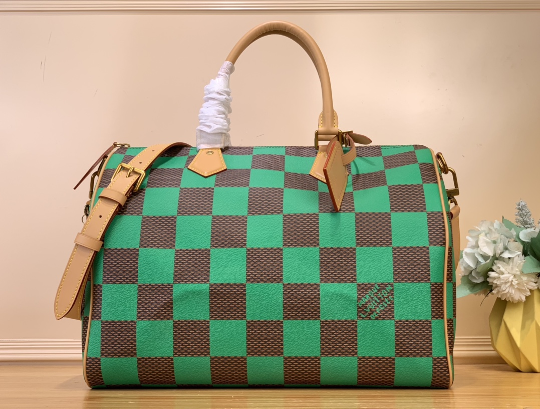 Louis Vuitton LV Speedy Bags Handbags Green Red Lattice Canvas Cowhide N40579