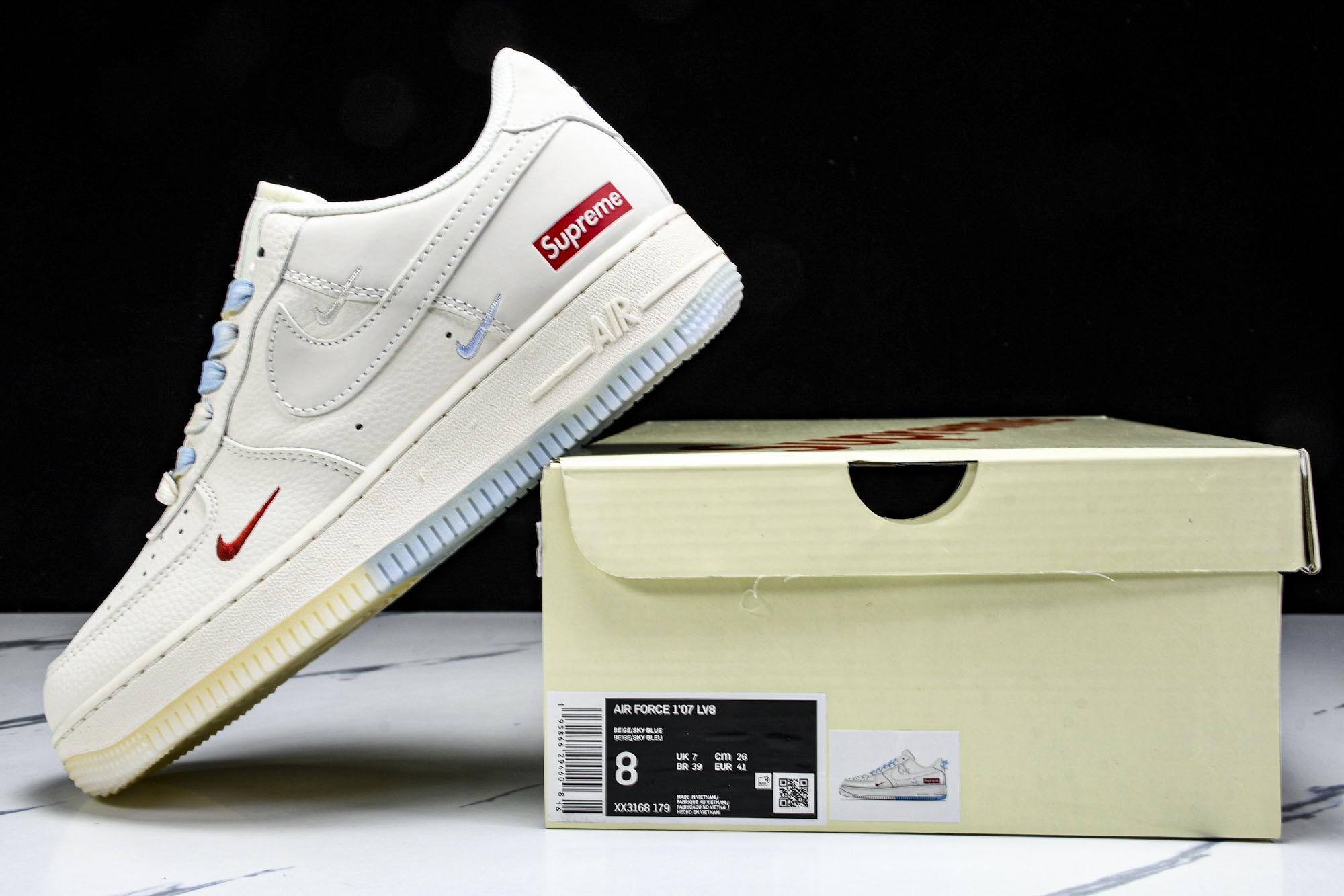 
Nike Air Force 1'07 Low Supreme联名 双拼米蓝 空军一号低帮休闲板鞋 X