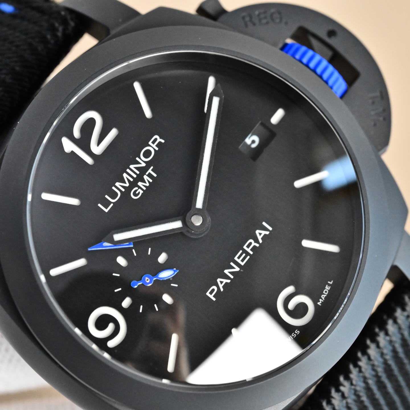 Panerai Luminor GMT black ceramic case, black dial, black strap with blue stitching 44mm Men's Automatic