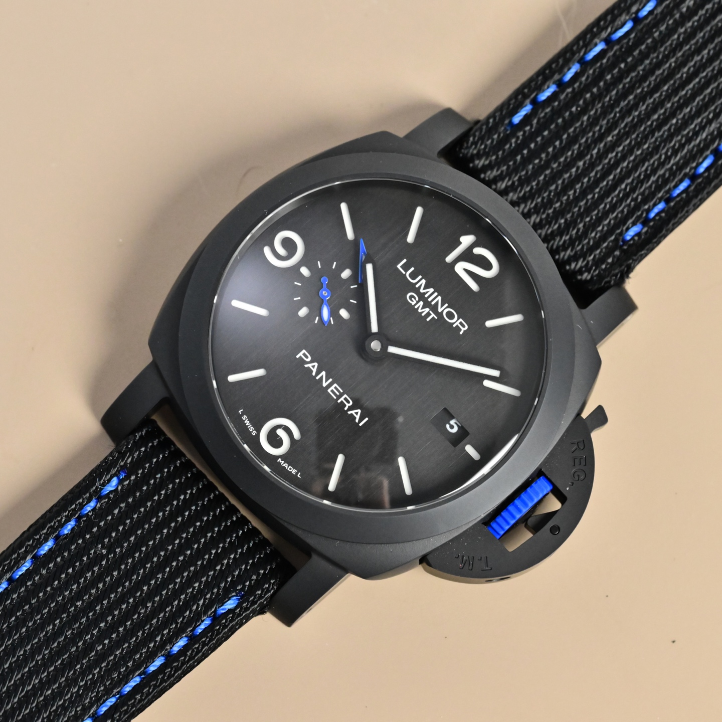 Panerai Luminor GMT black ceramic case, black dial, black strap with blue stitching 44mm Men's Automatic