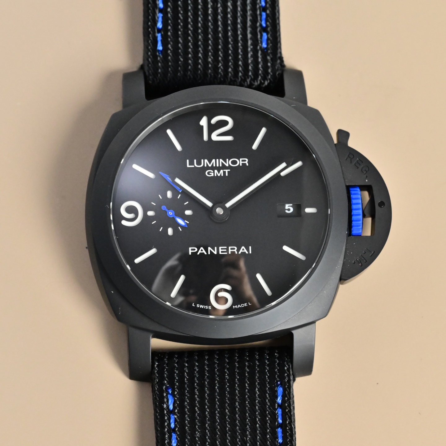 Panerai Luminor GMT black ceramic case, black dial, black strap with blue stitching 44mm Men's Automatic