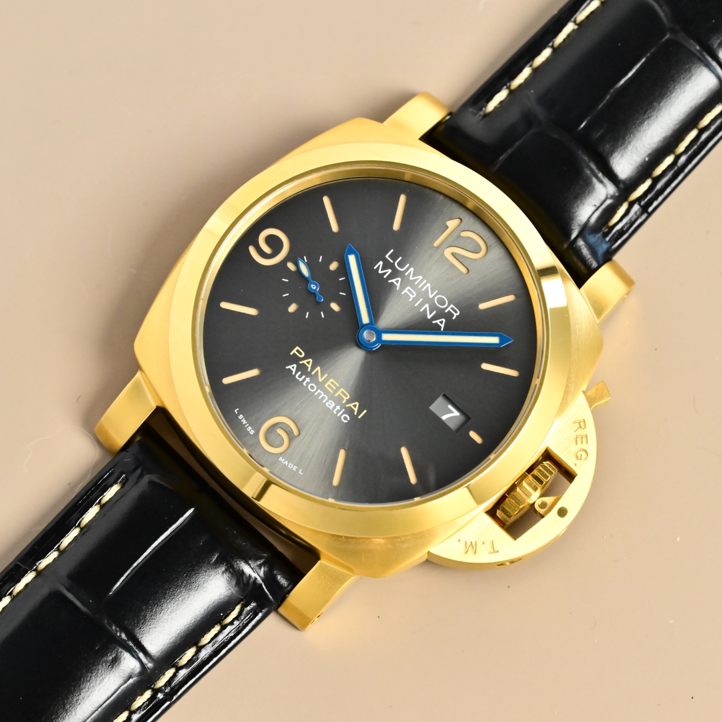 Panerai Luminor Marina Automatic yellow gold case and crown guard, black gradient dial, black leather strap 44mm Men's Automatic