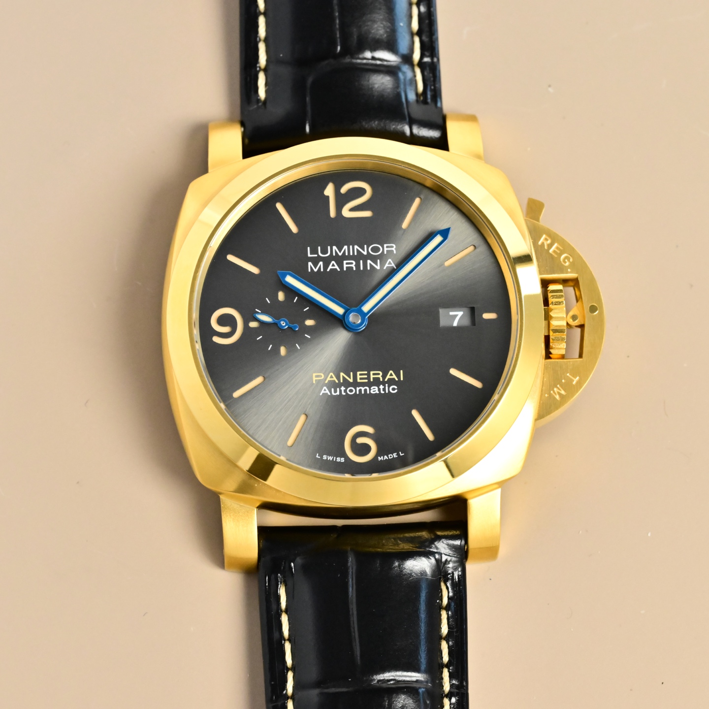 Panerai Luminor Marina Automatic yellow gold case and crown guard, black gradient dial, black leather strap 44mm Men's Automatic