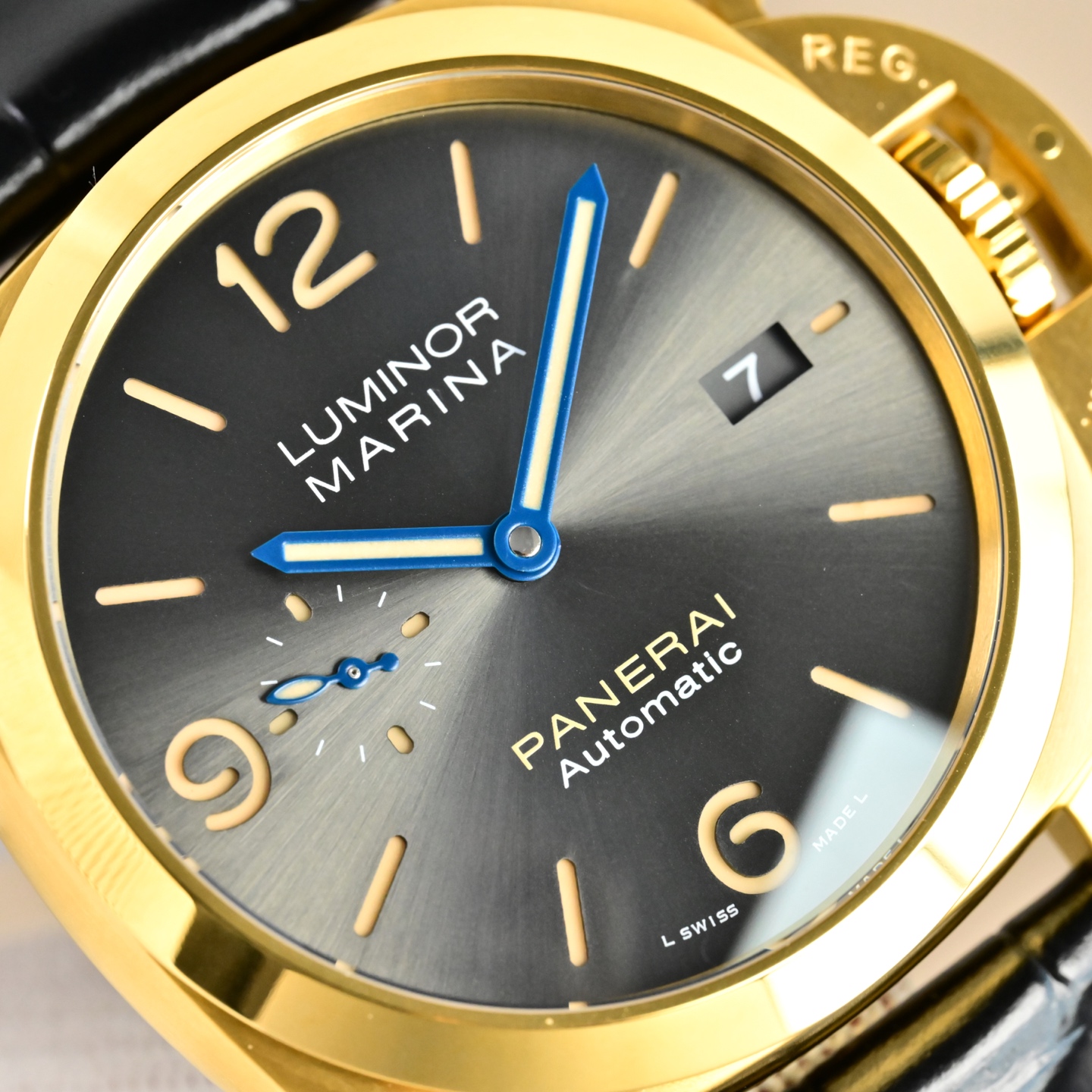 Panerai Luminor Marina Automatic yellow gold case and crown guard, black gradient dial, black leather strap 44mm Men's Automatic