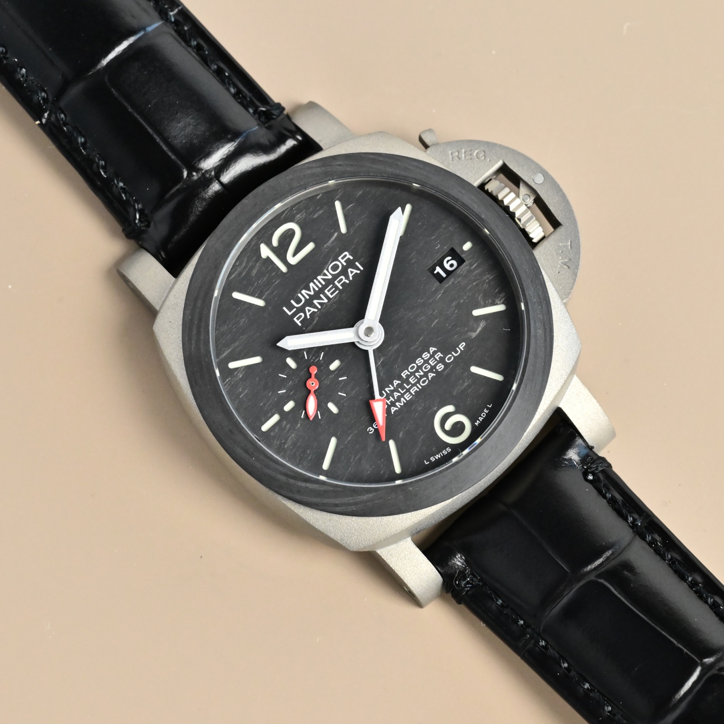 Panerai Luminor Luna Rossa Challenger PAM01342 matte gray case, black bezel, black dial, black leather strap 44mm Men's Automatic