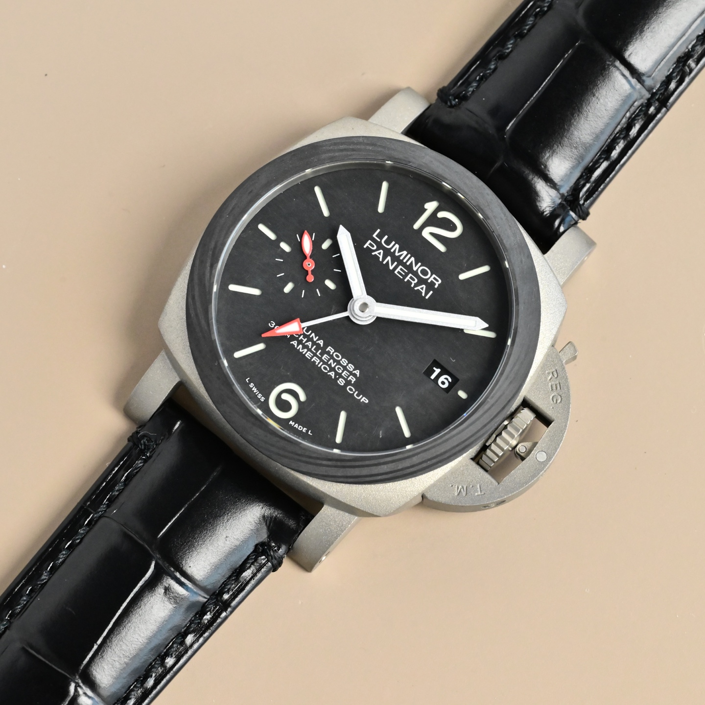 Panerai Luminor Luna Rossa Challenger PAM01342 matte gray case, black bezel, black dial, black leather strap 44mm Men's Automatic
