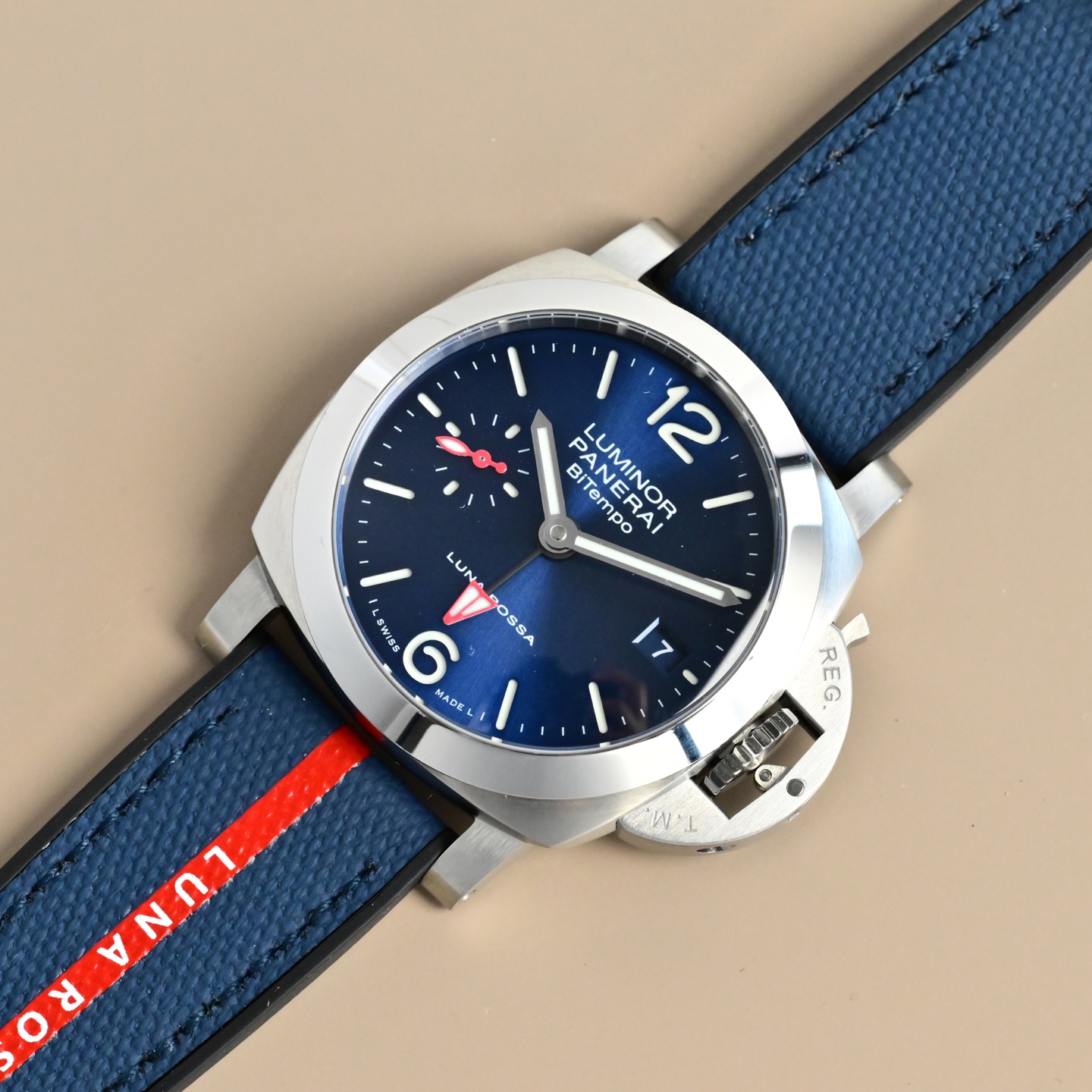 Panerai Luminor Due Luna Rossa BiTempo stainless steel case, blue dial, blue strap with red stripe 38mm Men's Automatic