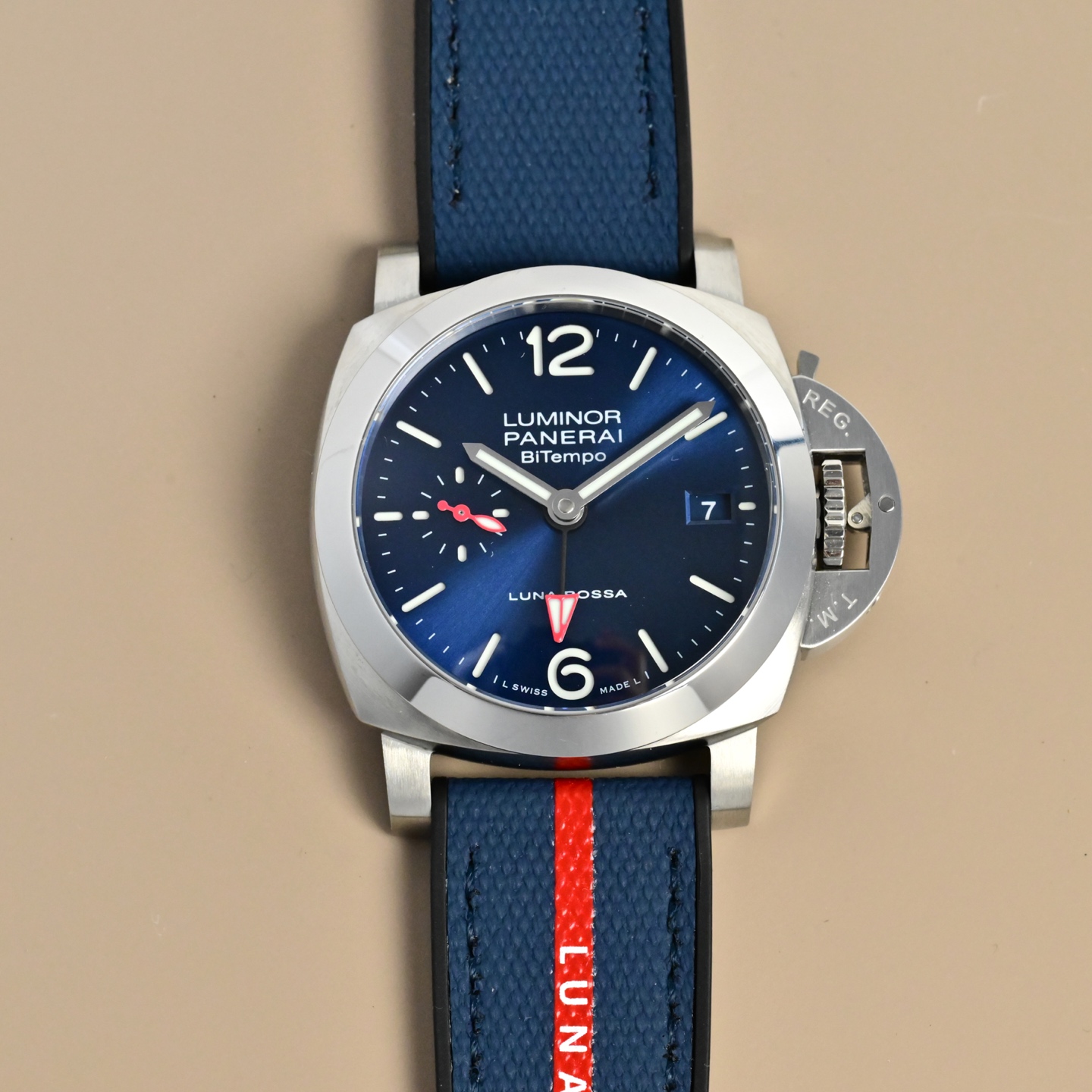 Panerai Luminor Due Luna Rossa BiTempo stainless steel case, blue dial, blue strap with red stripe 38mm Men's Automatic