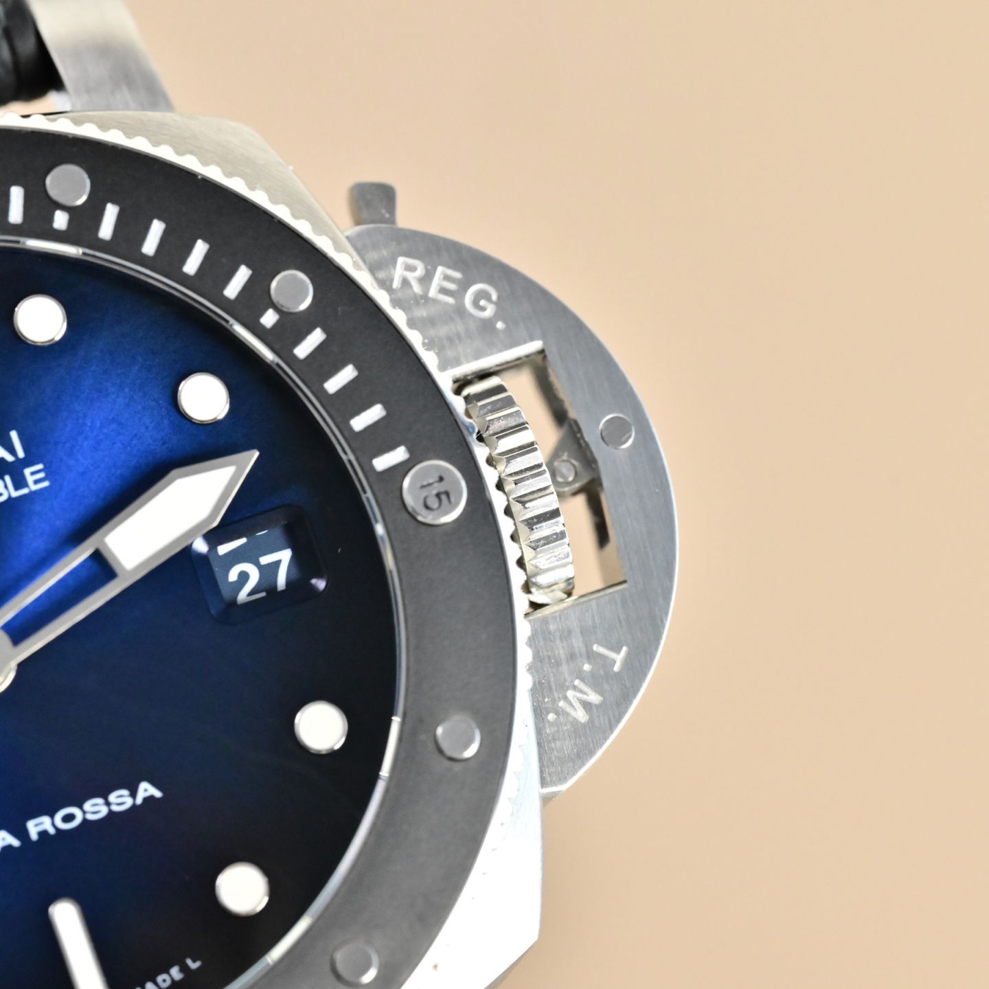 Panerai Submersible Luna Rossa PAM01391 brushed steel case, black bezel, blue dial, black strap with red stripe 42mm Men's Automatic