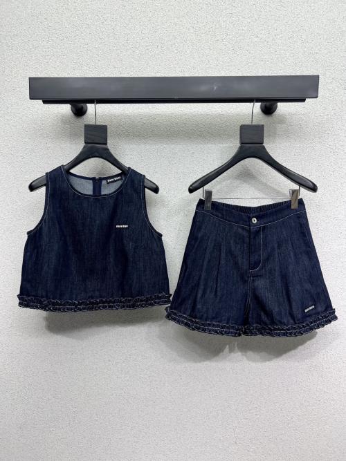 Miu Miu Denim Vest and Shorts Set Washed Blue Embroidery Logo High Quality 1 Miu Miu Denim Vest and Shorts Set Washed Blue Embroidery Logo High Quality