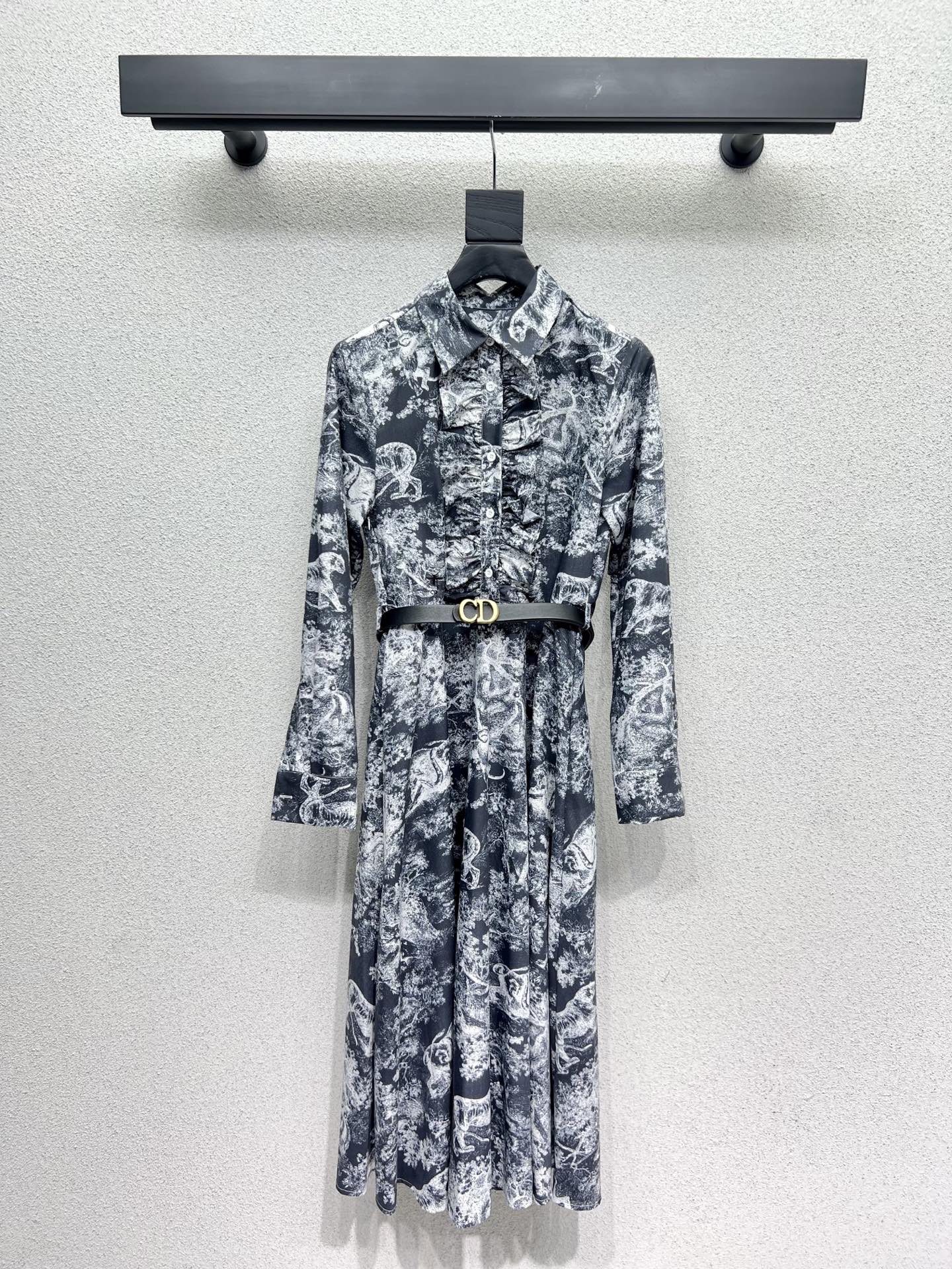 Dior Bee Jungle Animal Ruffle Long Sleeve Shirt Dress with CD Belt