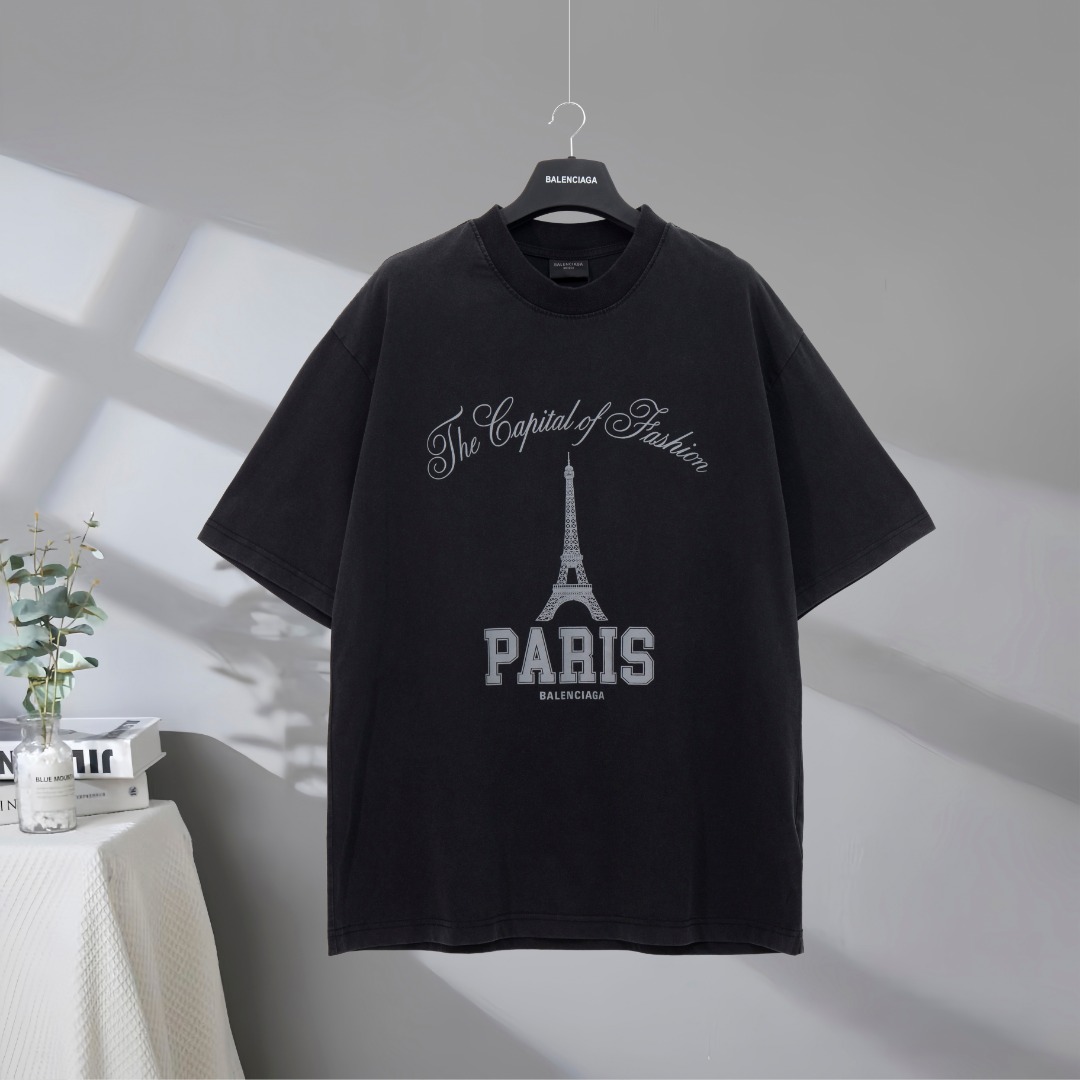 P80 Máxima calidad en el mercado BALENCIAGA/Balenciaga 2025SS Camiseta de manga corta con estampado desgastado y lavado…