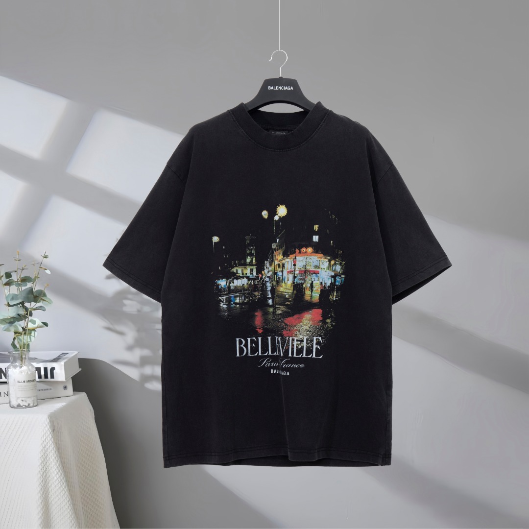 P85 Máxima calidad en el mercado BALENCIAGA/Balenciaga 2025SS Paris night view Camiseta retro lavada y desgastada de ma…