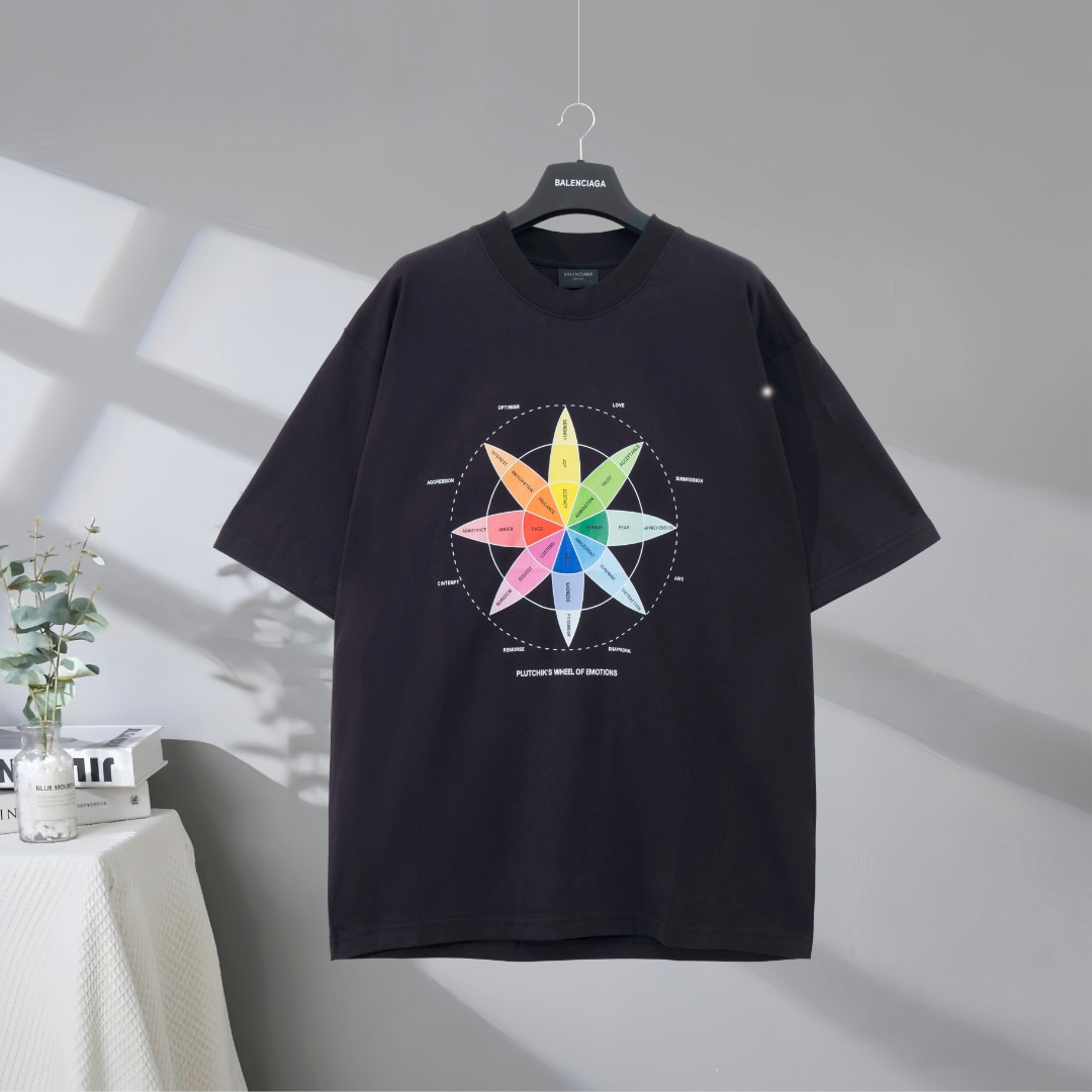 P80 Máxima calidad en el mercado BALENCIAGA/Balenciaga 2025SS brújula tarjeta de color arte impreso camiseta de manga c…
