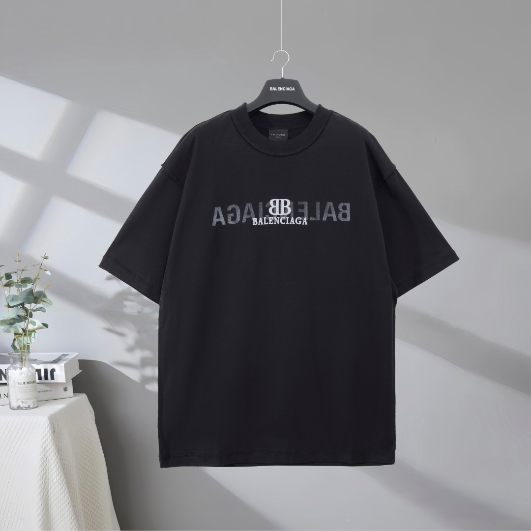 P77 Máxima calidad en el mercado BALENCIAGA/Balenciaga 2025SS Camiseta de manga corta con letras clásicas y doble aro e…