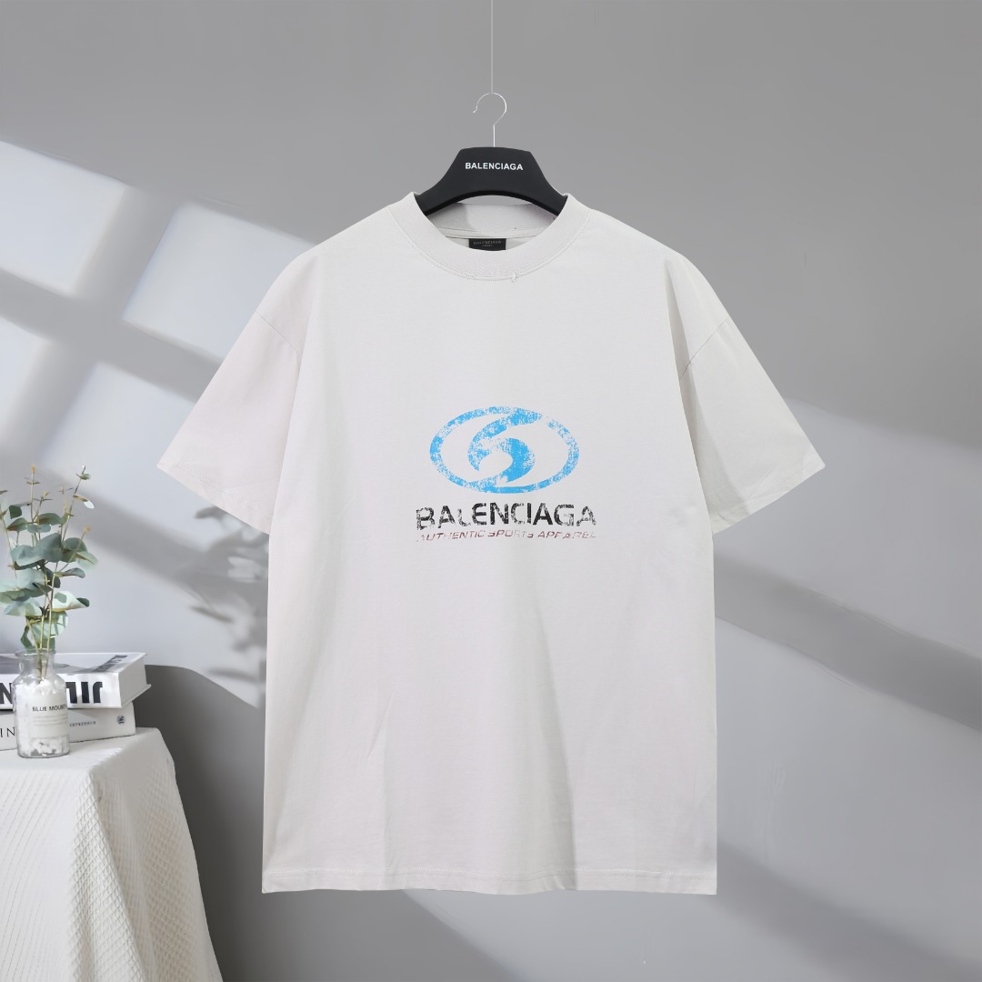 P80 Máxima calidad en el mercado BALENCIAGA/Balenciaga 2025SS logo de surf impreso camiseta de manga corta desgastada y…