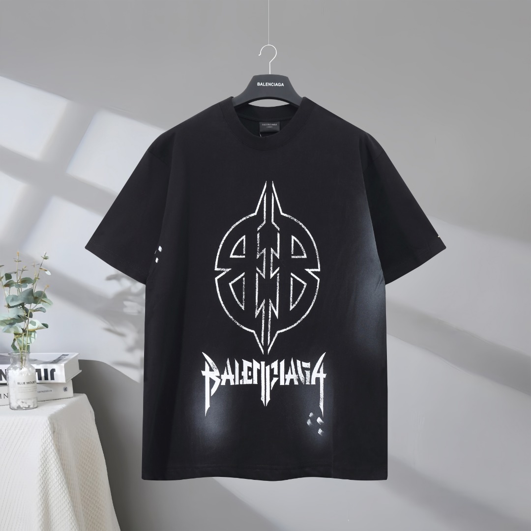 P87 Máxima calidad en el mercado BALENCIAGA/Balenciaga 2025SS totem bb impreso graffiti pintado a mano vieja camiseta d…