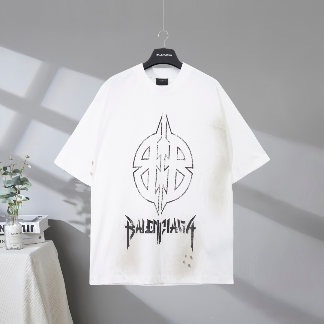 P87 Máxima calidad en el mercado BALENCIAGA/Balenciaga 2025SS totem bb impreso graffiti pintado a mano vieja camiseta d…