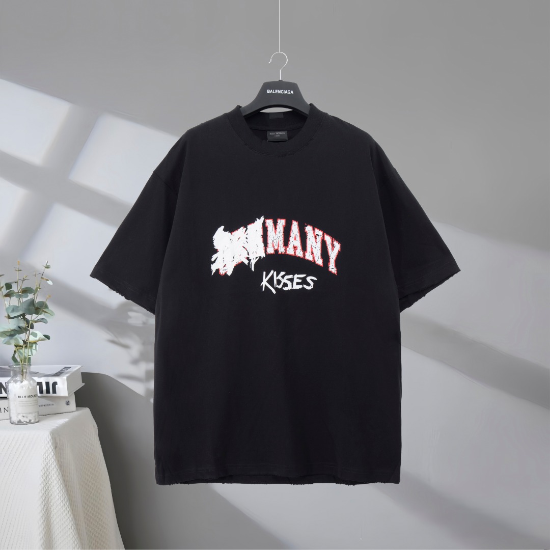P77 Máxima calidad del mercado BALENCIAGA/Balenciaga 2025SS Camiseta de manga corta con estampado de graffiti de destru…