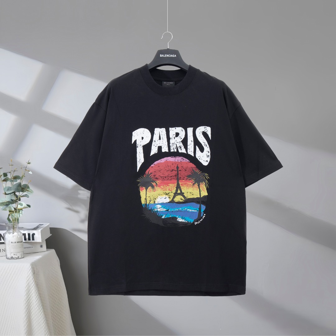 P80 Máxima calidad en el mercado BALENCIAGA/Balenciaga 2025SS Hawaii Sunset Coconut Tower camiseta de manga corta estam…