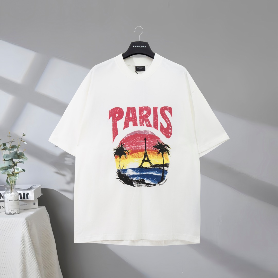 P80 Máxima calidad en el mercado BALENCIAGA/Balenciaga 2025SS Hawaii Sunset Coconut Tower camiseta de manga corta estam…
