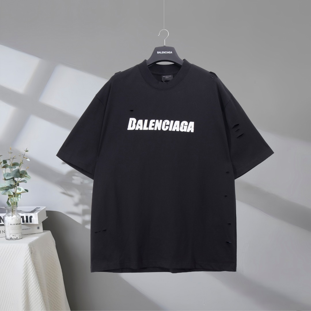 P73 Máxima calidad en el mercado BALENCIAGA/Balenciaga 2025SS Camiseta de manga corta con estampado de letras rasgadas …
