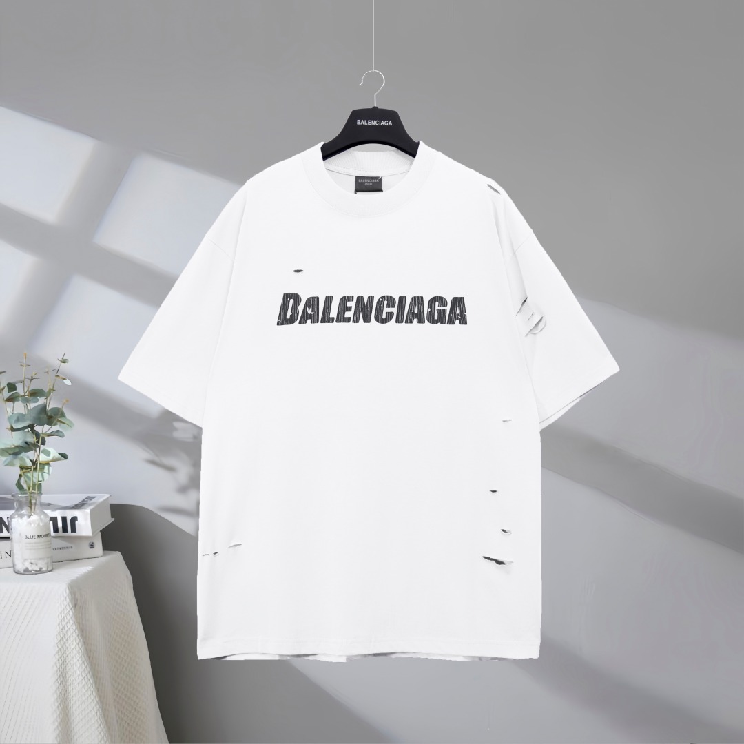 P73 Máxima calidad en el mercado BALENCIAGA/Balenciaga 2025SS Camiseta de manga corta con estampado de letras rasgadas …