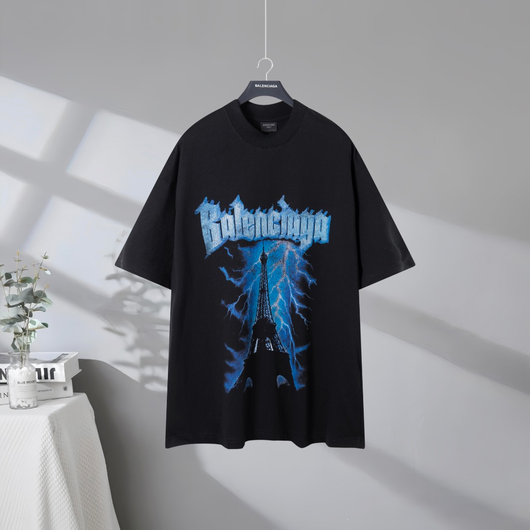 P85 Máxima calidad en el mercado BALENCIAGA/Balenciaga 2026SS Paris Lightning Tower Camiseta desgastada de manga corta …