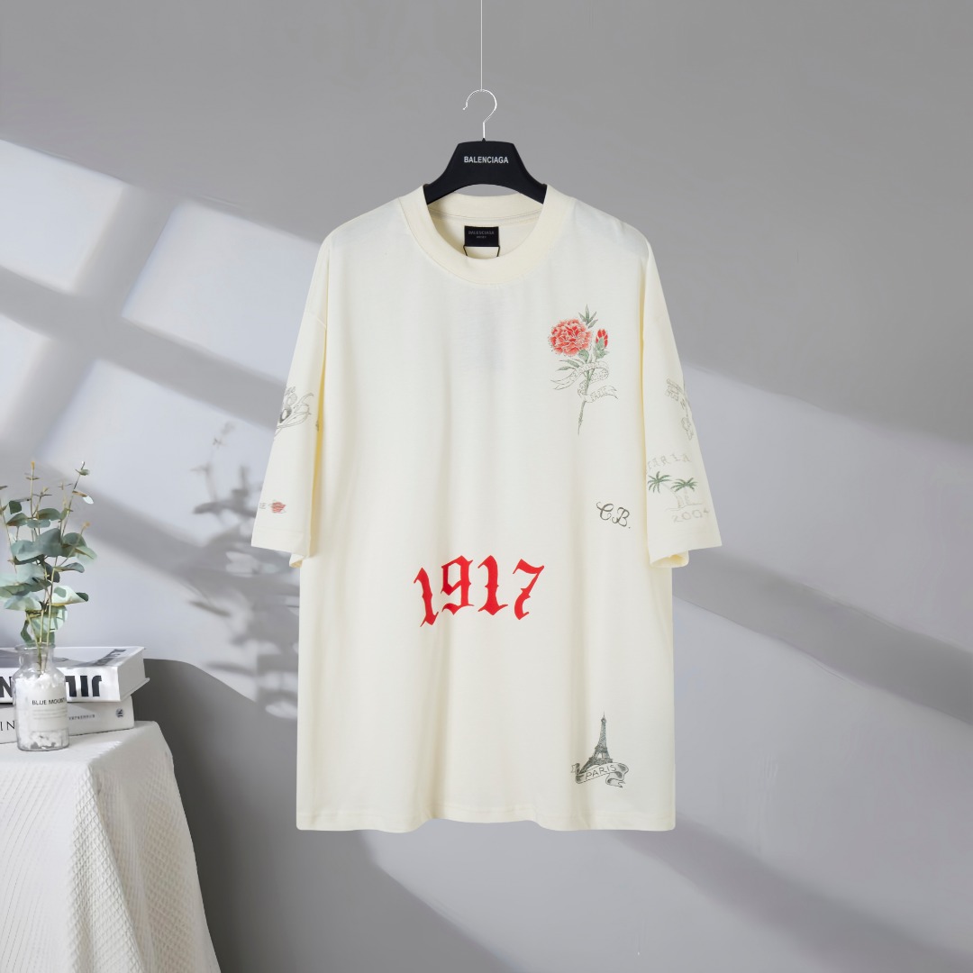 P87 Máxima calidad en el mercado BALENCIAGA/Balenciaga 2026SS tatuaje obra de arte 1917 camiseta de manga corta desgast…
