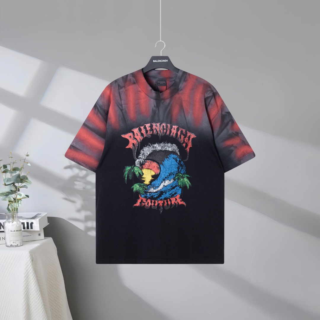 P105 Máxima calidad en el mercado BALENCIAGA/Balenciaga 2026SS Camiseta de manga corta con estampado de coco con ola ha…