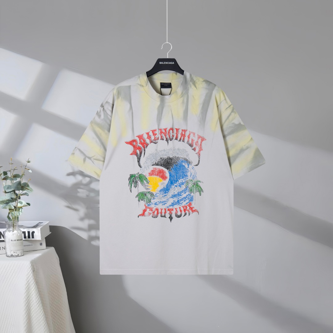 P105 Máxima calidad en el mercado BALENCIAGA/Balenciaga 2026SS Camiseta de manga corta con estampado de coco con ola ha…