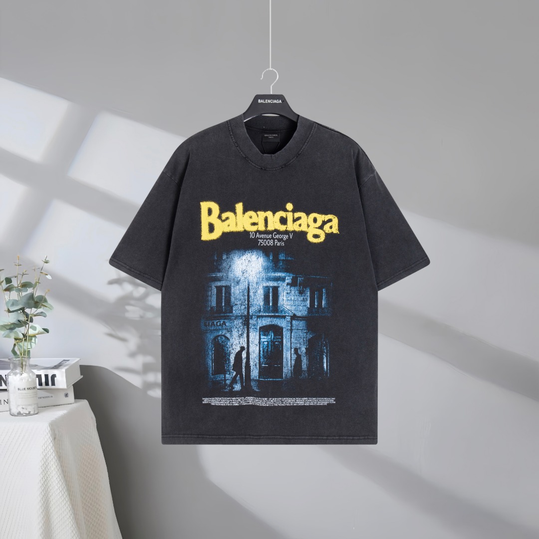 P90 Máxima calidad en el mercado BALENCIAGA/Balenciaga 2026SS sede calle vista nocturna camiseta de manga corta desgast…