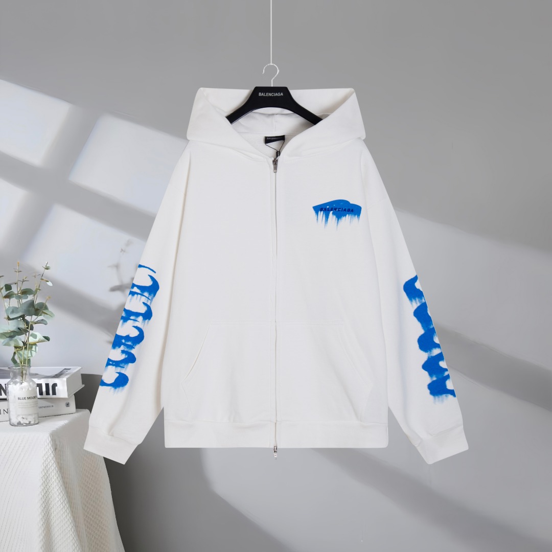 P165 Calidad superior del mercado BALENCIAGA/巴黎世家 2026SS Sudadera con capucha con cremallera y bordado artístico de let…