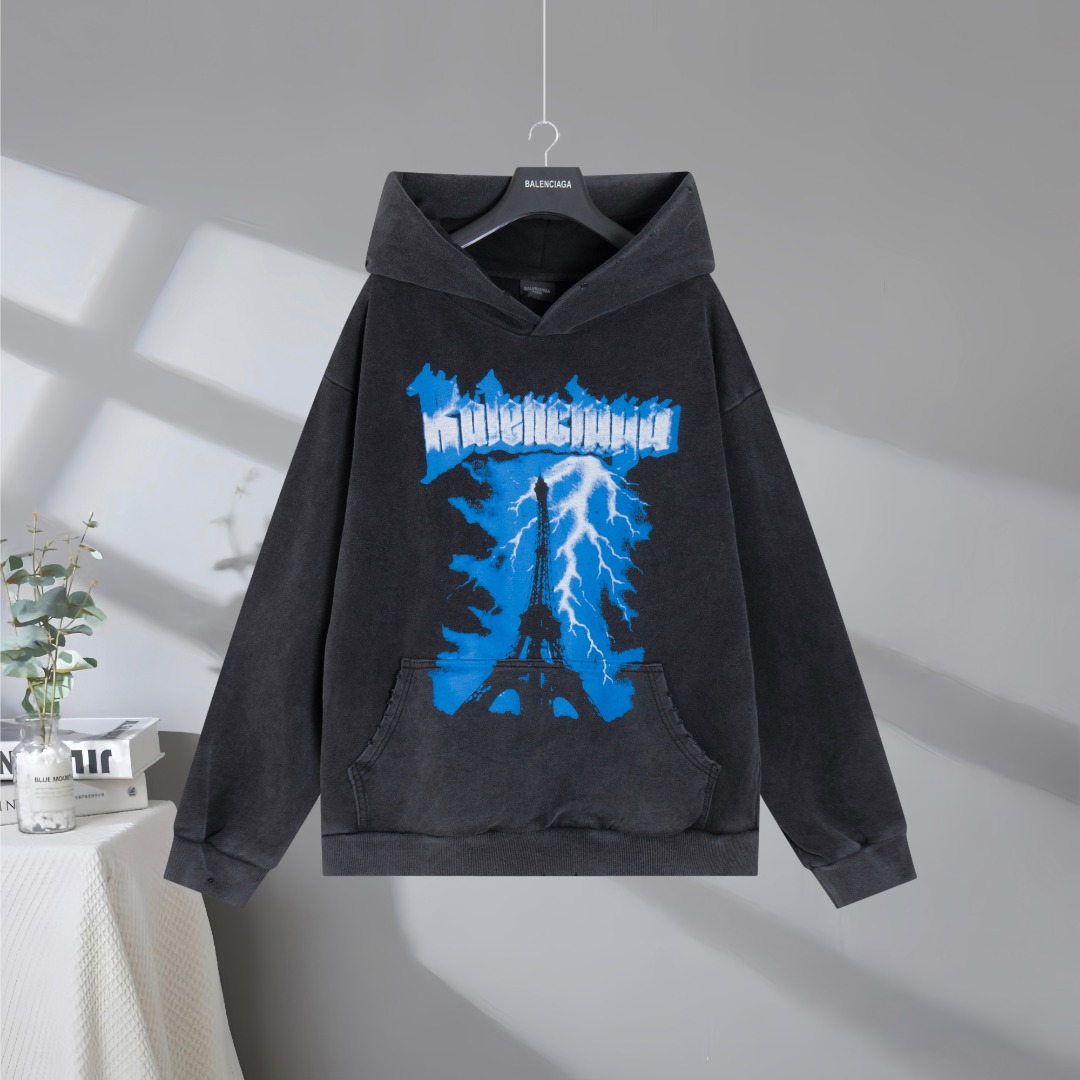 P160 Máxima calidad en el mercado BALENCIAGA/Balenciaga 2026SS Paris Lightning Tower sudadera con capucha con estampado…