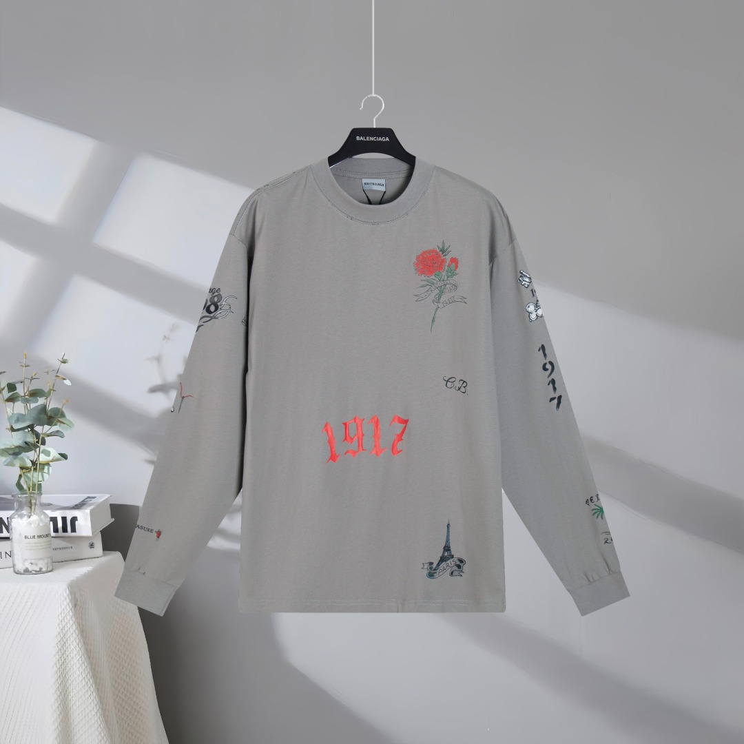 P105 Máxima calidad en el mercado BALENCIAGA/ Balenciaga 2026SS tatuaje obra de arte 1917 impreso desgastado desgastado…