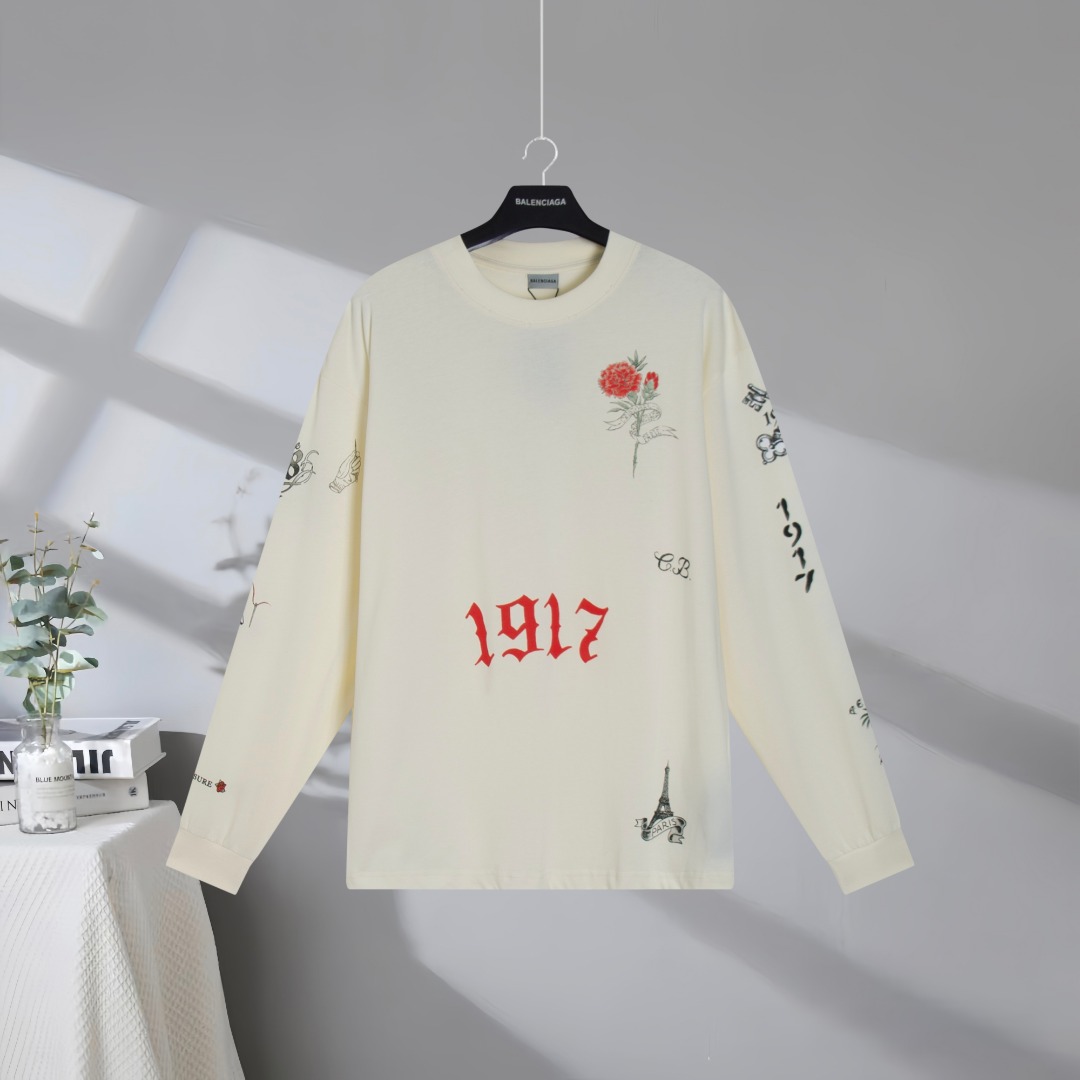 P105 Máxima calidad en el mercado BALENCIAGA/ Balenciaga 2026SS tatuaje obra de arte 1917 impreso desgastado desgastado…