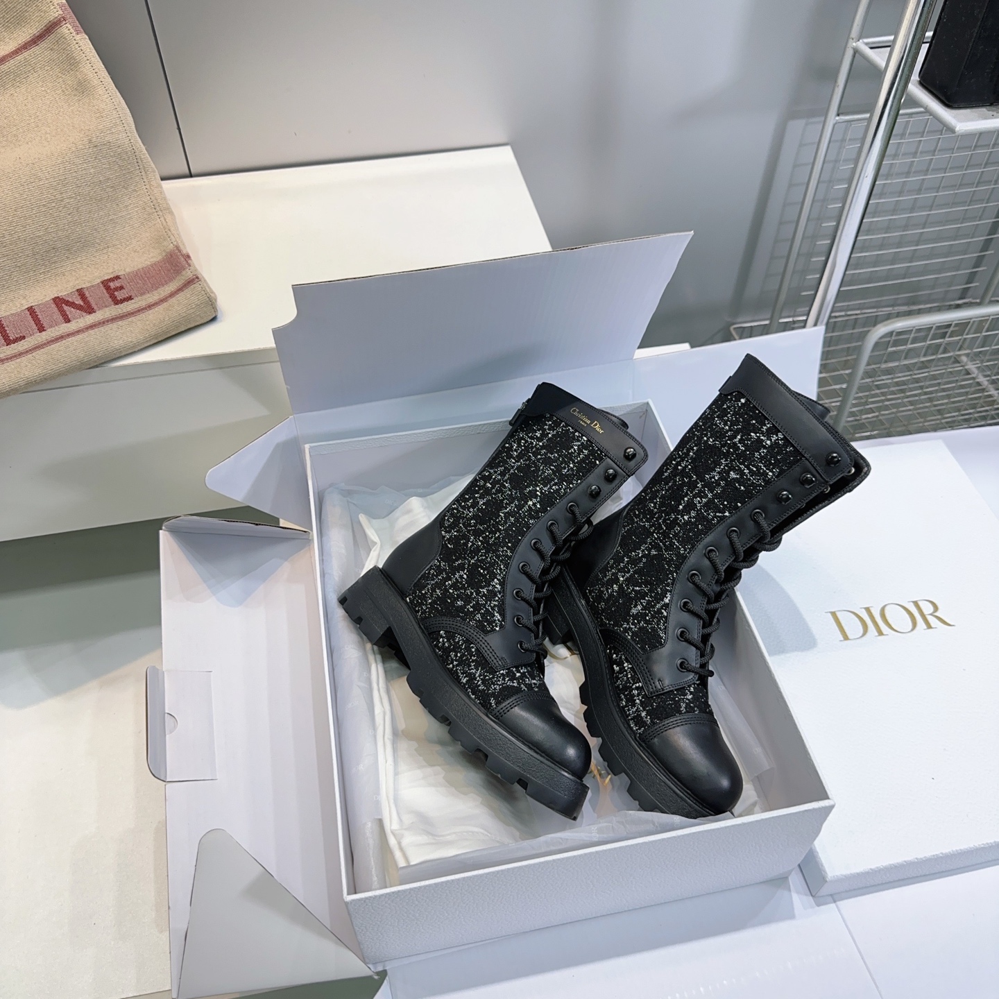 Dior Black Cannage Lace Up Combat Boots